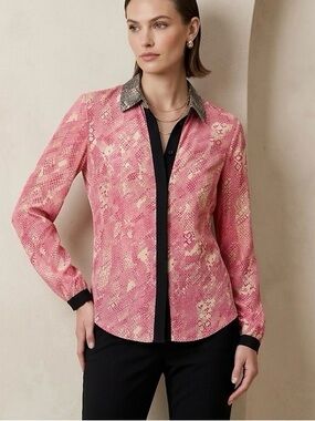 Trina Turk 100% Silk Geometric Snake Print Blouse Top Pink Tan Small Made in USA